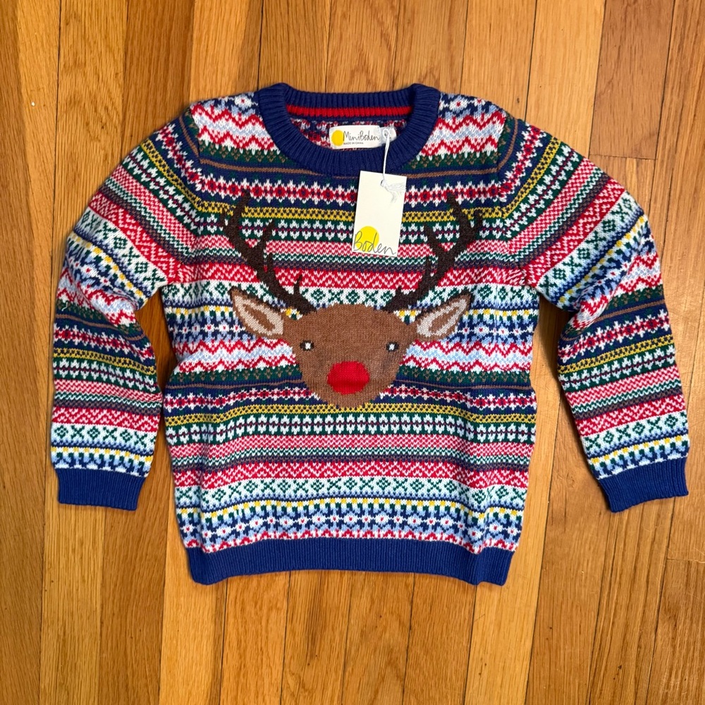 NWT Mini Boden reindeer Rudolph fair isle sweater size 4-5